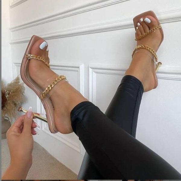 Summer Women Sandals Square Toe Ladies Heel Clear Transparent High Heels Slippers Fashion Chain Woman Open Toe Slip On Dress Luxury Party Backless Slides High Heels Slipper