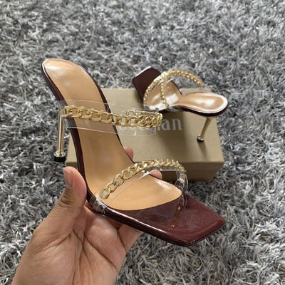 Summer Women Sandals Square Toe Ladies Heel Clear Transparent High Heels Slippers Fashion Chain Woman Open Toe Slip On Dress Luxury Party Backless Slides High Heels Slipper