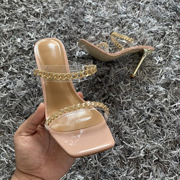 Summer Women Sandals Square Toe Ladies Heel Clear Transparent High Heels Slippers Fashion Chain Woman Open Toe Slip On Dress Luxury Party Backless Slides High Heels Slipper