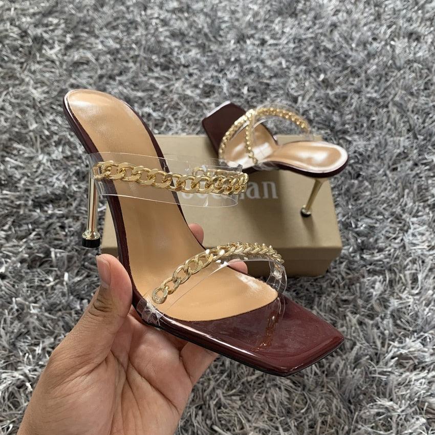 Summer Women Sandals Square Toe Ladies Heel Clear Transparent High Heels Slippers Fashion Chain Woman Open Toe Slip On Dress Luxury Party Backless Slides High Heels Slipper