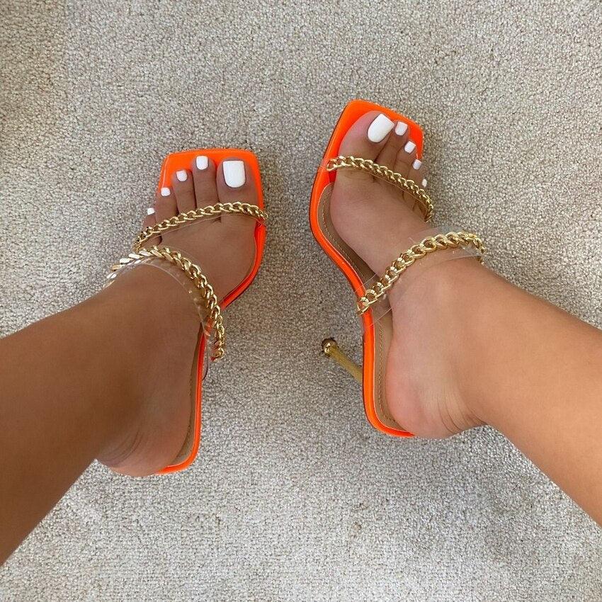 Summer Women Sandals Square Toe Ladies Heel Clear Transparent High Heels Slippers Fashion Chain Woman Open Toe Slip On Dress Luxury Party Backless Slides High Heels Slipper