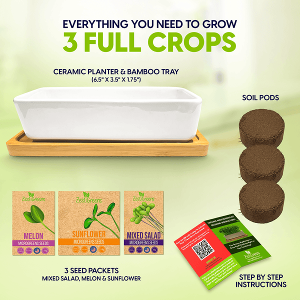 Ceramic Microgreens Growing Kit to Grow 3 Crops Including Organic USDA Sunflower, Melon & Mixed Microgreens Seeds.