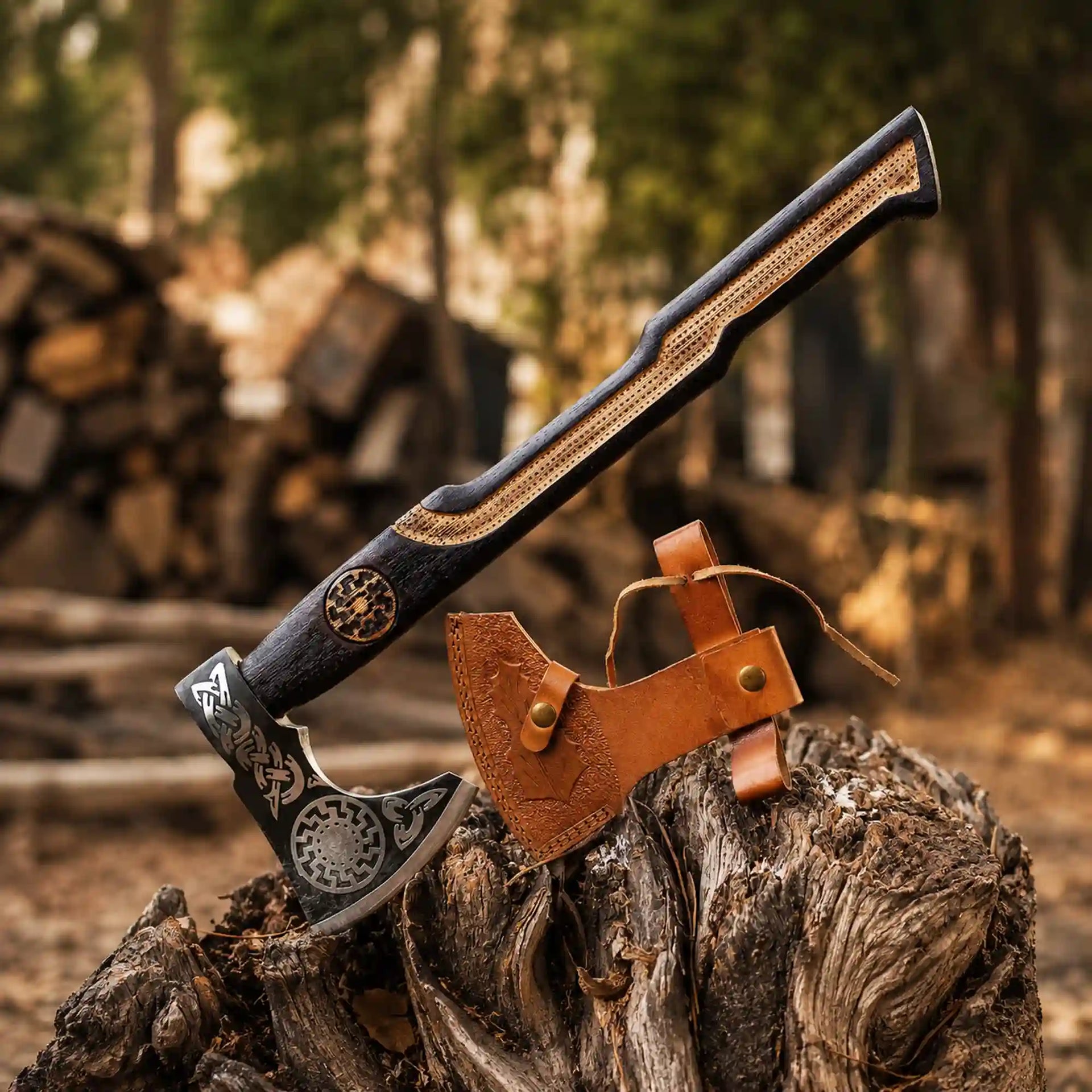 Sunwheel Viking Axe – Hand-Forged Bearded Axe with Inlaid Ash Handle