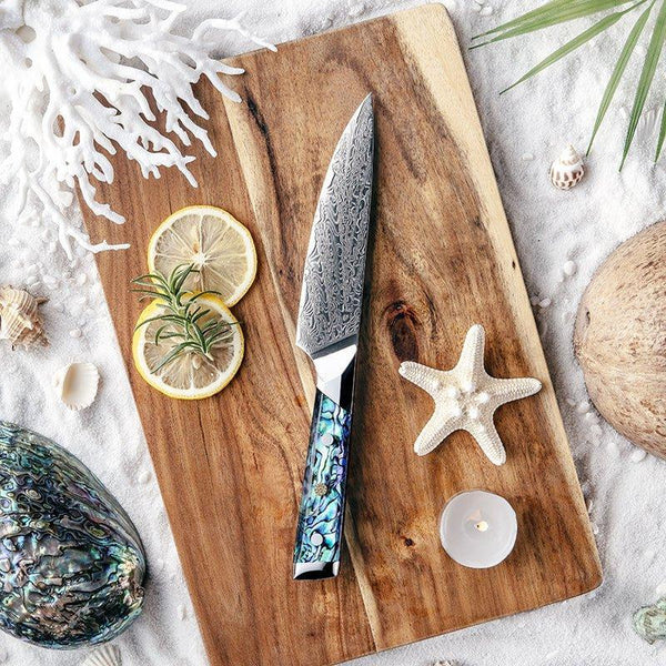 Ronin Chef Knife VG10 Damascus Petty Knife with Abalone Shell Handle - Gifts for You 'n Me