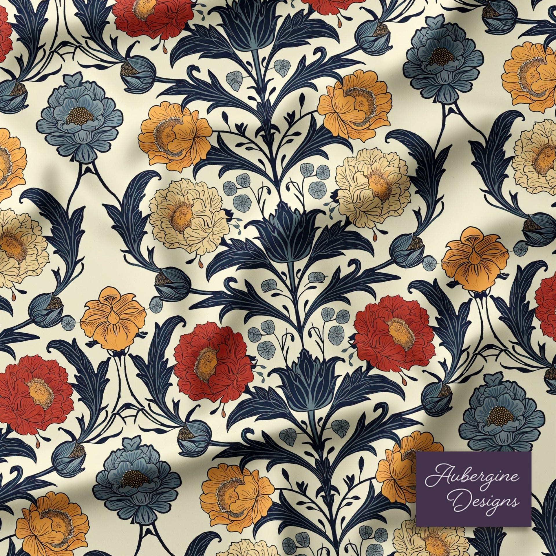 Window Curtain Set - Cotton Blend (2 Panels) | Primary Bouquet | William Morris Inspired Collection