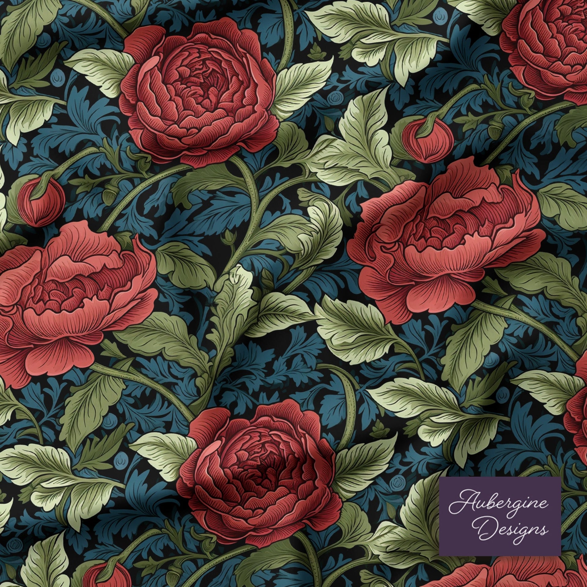 Window Curtain Set - Cotton Blend (2 Panels) | Vintage Red Rose | William Morris Inspired Collection