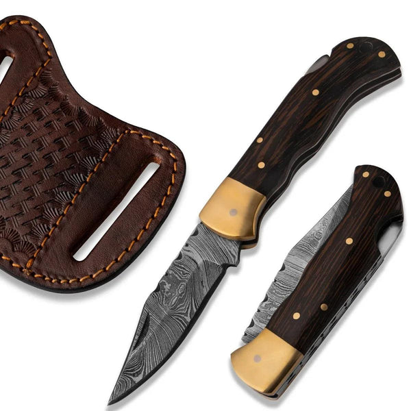 SwiftFlip Damascus Pocket Knife with Exotic Wenge Wood Handle - Gifts for You 'n Me