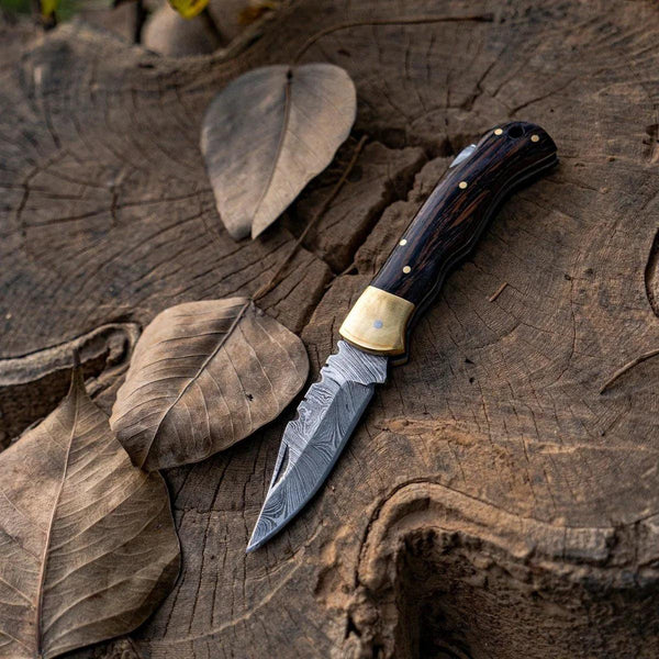 SwiftFlip Damascus Pocket Knife with Exotic Wenge Wood Handle - Gifts for You 'n Me