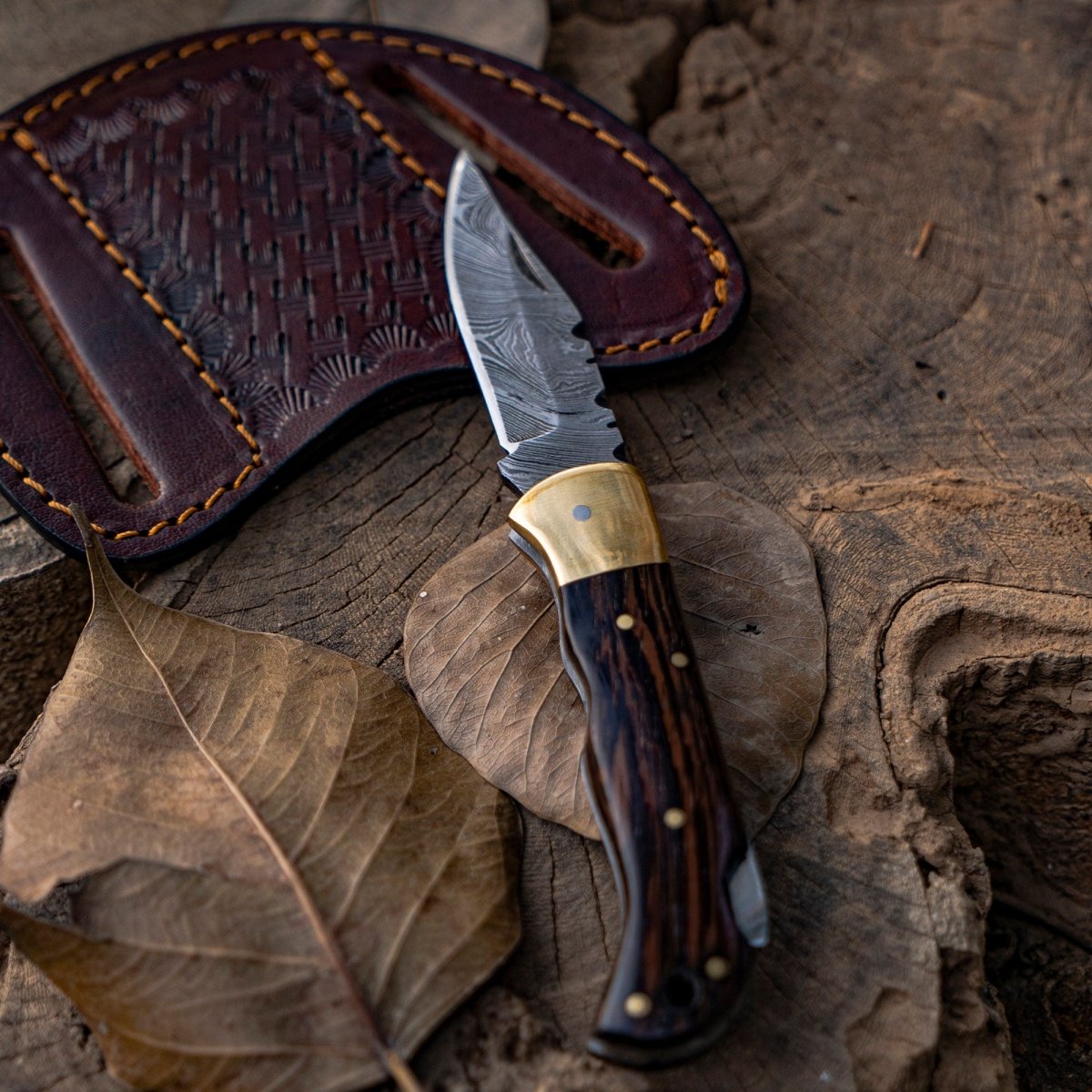 SwiftFlip Damascus Pocket Knife with Exotic Wenge Wood Handle