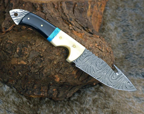 Synapse Damascus Hunting Knife with Gut Hook Horn & Turquoise Handle - Gifts for You 'n Me