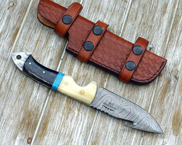 Synapse Damascus Hunting Knife with Gut Hook Horn & Turquoise Handle - Gifts for You 'n Me