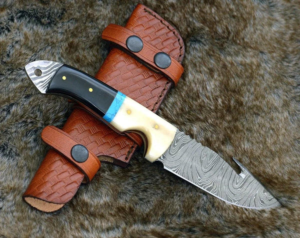 Synapse Damascus Hunting Knife with Gut Hook Horn & Turquoise Handle - Gifts for You 'n Me