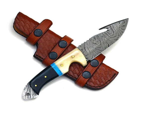 Synapse Damascus Hunting Knife with Gut Hook Horn & Turquoise Handle - Gifts for You 'n Me