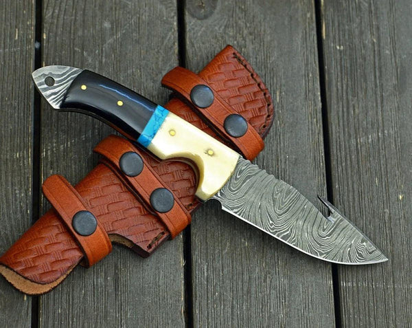 Synapse Damascus Hunting Knife with Gut Hook Horn & Turquoise Handle - Gifts for You 'n Me