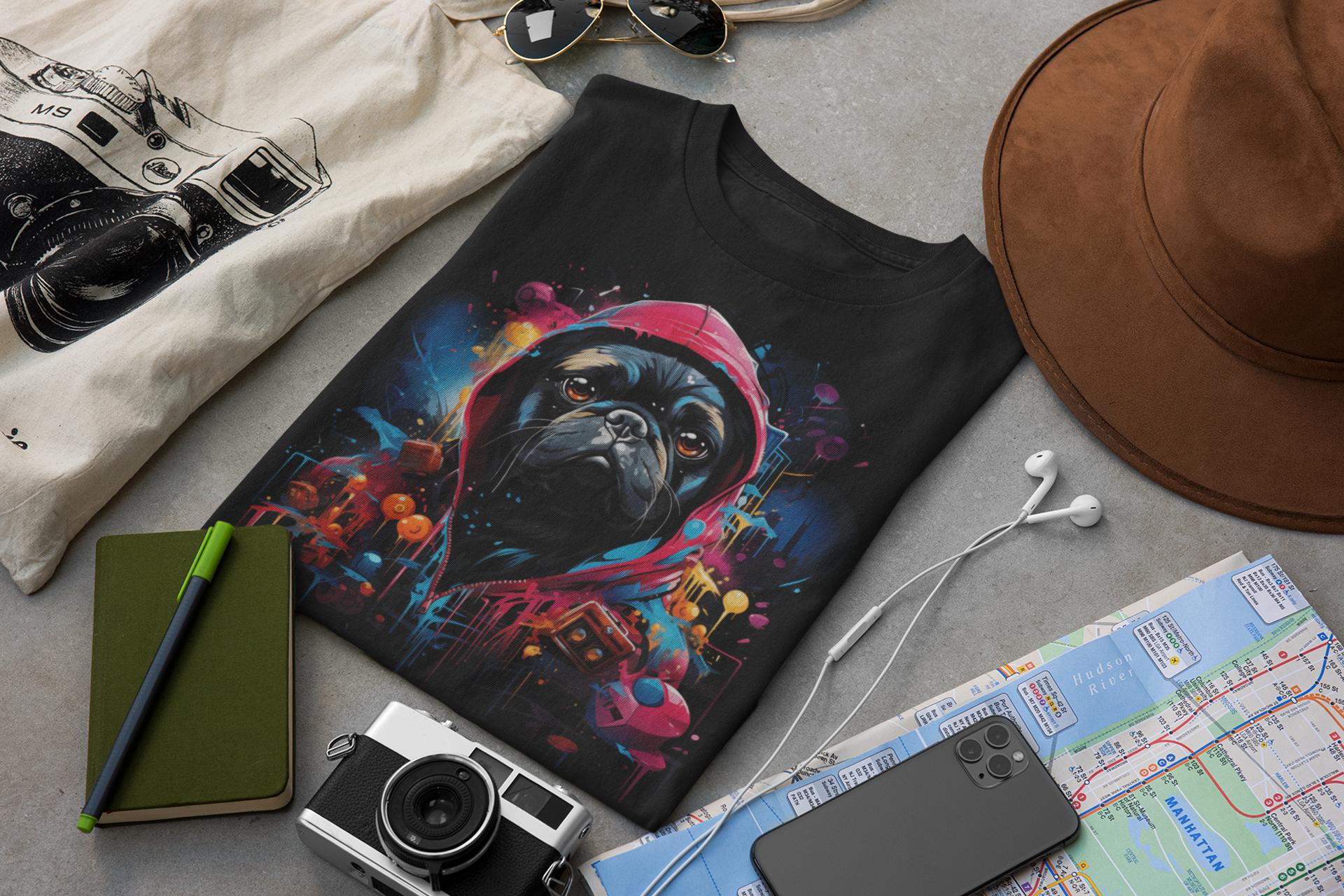 Graffiti Pug Life Cotton Black Tee Shirt