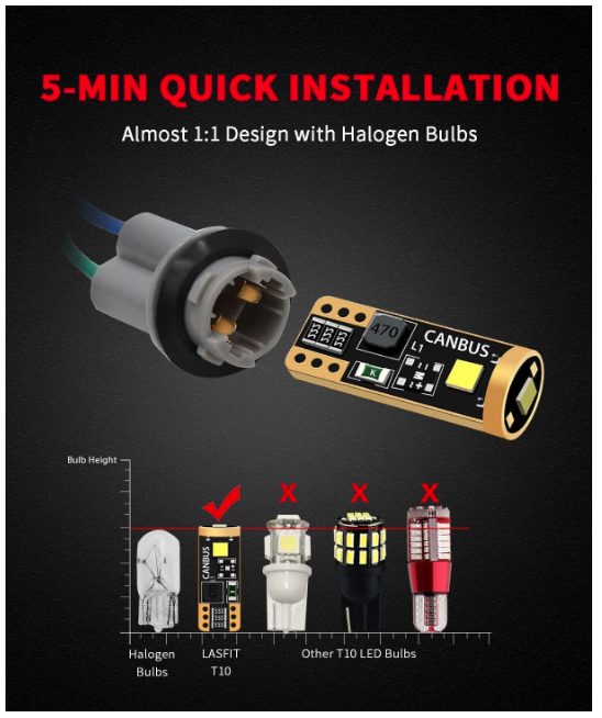 194 168 2825 W5W LED Bulb White Canbus Error Free, T10 LED Bulbs 400LM 6000K Super Bright for Dome Map License Plate Trunk Cargo Lights (2-Pack)