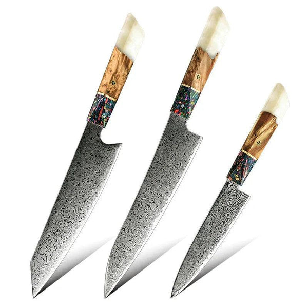 Pristine VG10 Chef Knife Set with Exotic Olive Burl Wood and Pearl Resin Handle - Gifts for You 'n Me