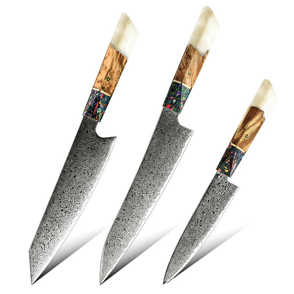 Pristine VG10 Chef Knife Set with Exotic Olive Burl Wood and Pearl Resin Handle