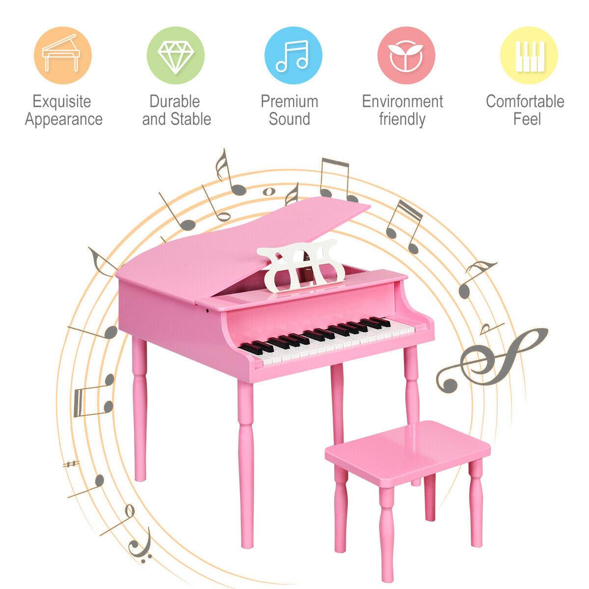 30-Key Wood Toy Kids Grand Piano with Bench & Music Rack-Pink