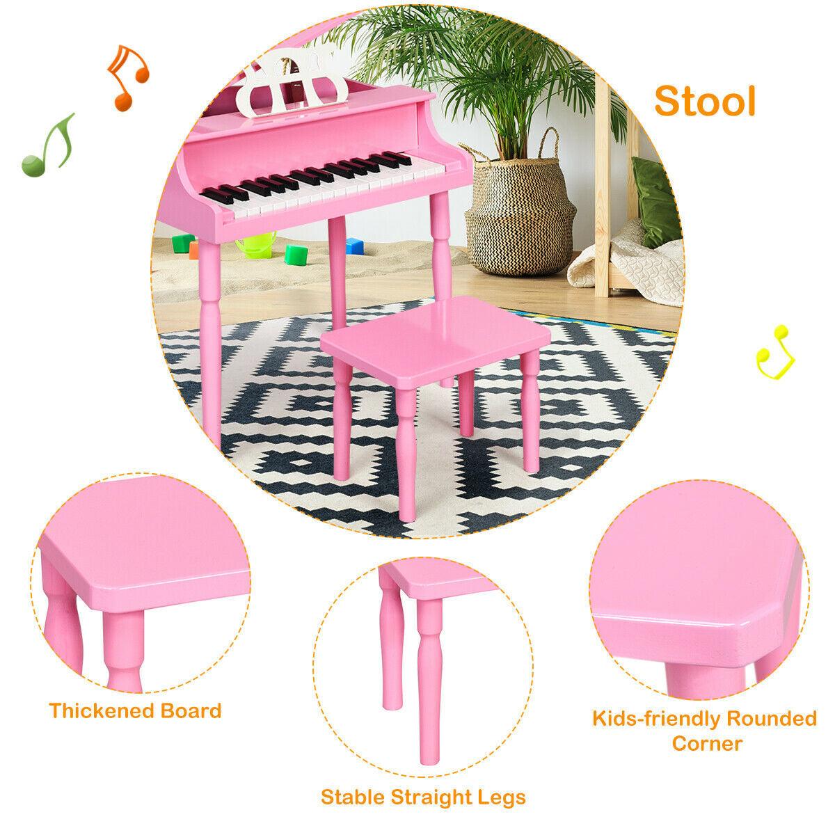 30-Key Wood Toy Kids Grand Piano with Bench & Music Rack-Pink