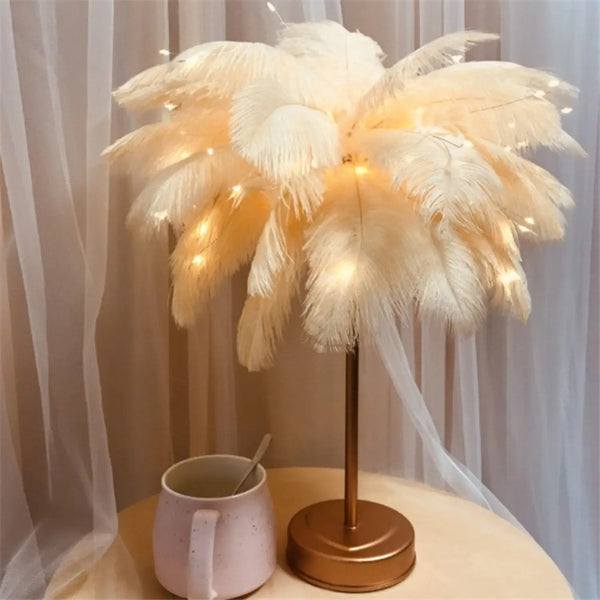 Table Feather Lamp Table with USB, Battery Powered and Remote Control