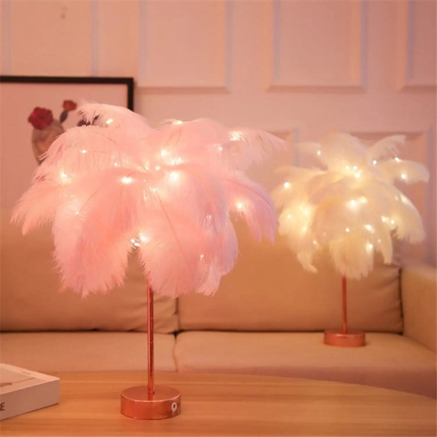 Table Feather Lamp Table with USB, Battery Powered and Remote Control