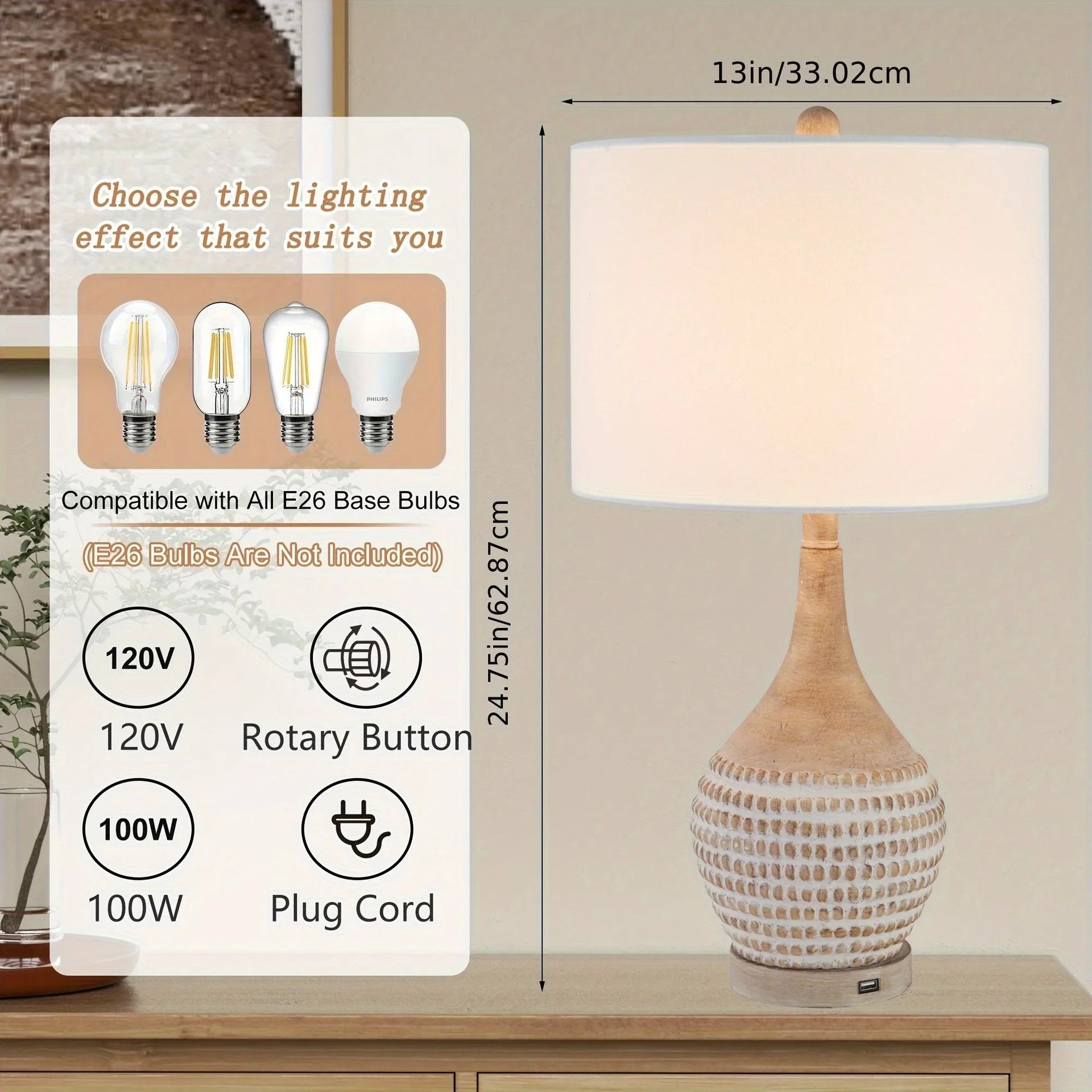 Table Lamp - 3-Way Dimmable Brown 25-Inch