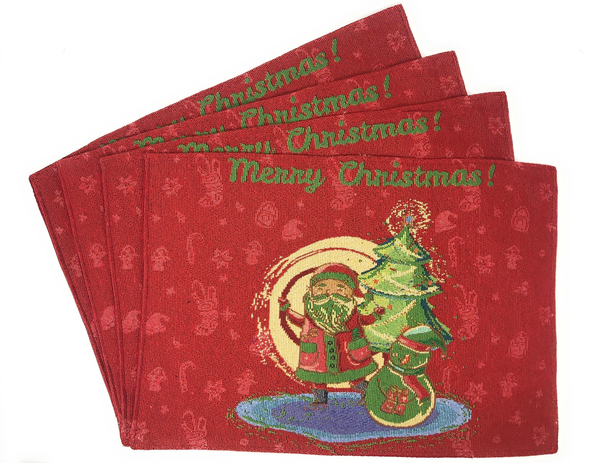 DaDa Bedding Set of 8 Pieces Red Santa Claus Holiday Table Tapestry - 4 Placemats, 2 Table Runners, 2 Throw Pillow Covers (17615)