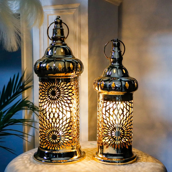Ramadan Lanterns Set of 2 Gold Electric Candle Holders