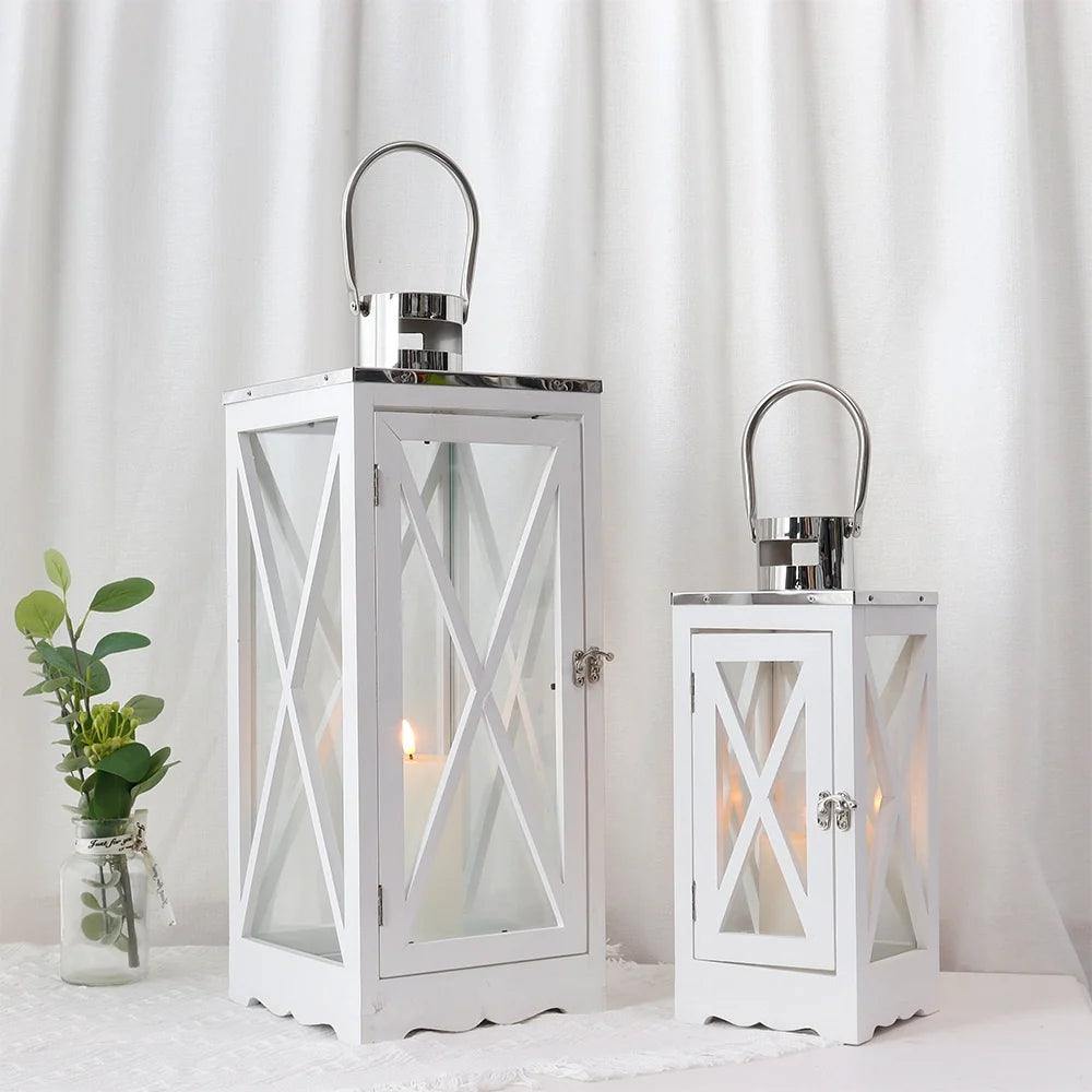 Set of 2 17.5''&24.5'' Farmhouse Wood Lantern (White Rectangle)
