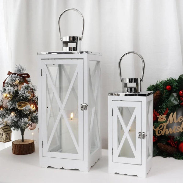 Set of 2 17.5''&24.5'' Farmhouse Wood Lantern (White Rectangle)