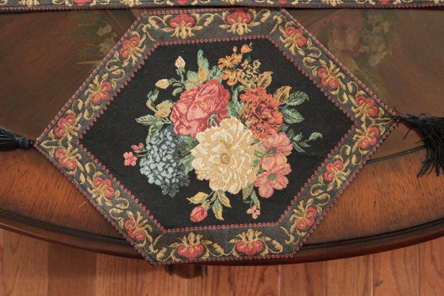 Tache Set of 3 Colorful Country Rustic Black Floral Midnight Awakening Table Runner Set