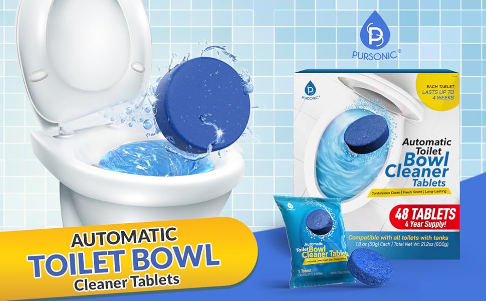 Automatic Toilet Bowl Cleaner Tablets Blue Gel Toilet Tank Cleaners, Septic-Safe Hard Water Ring Stain Remover, Smell Eliminator Heavy Duty Toilet Cleaning & Deodorizer, Fresh Scent - 48 Tabs
