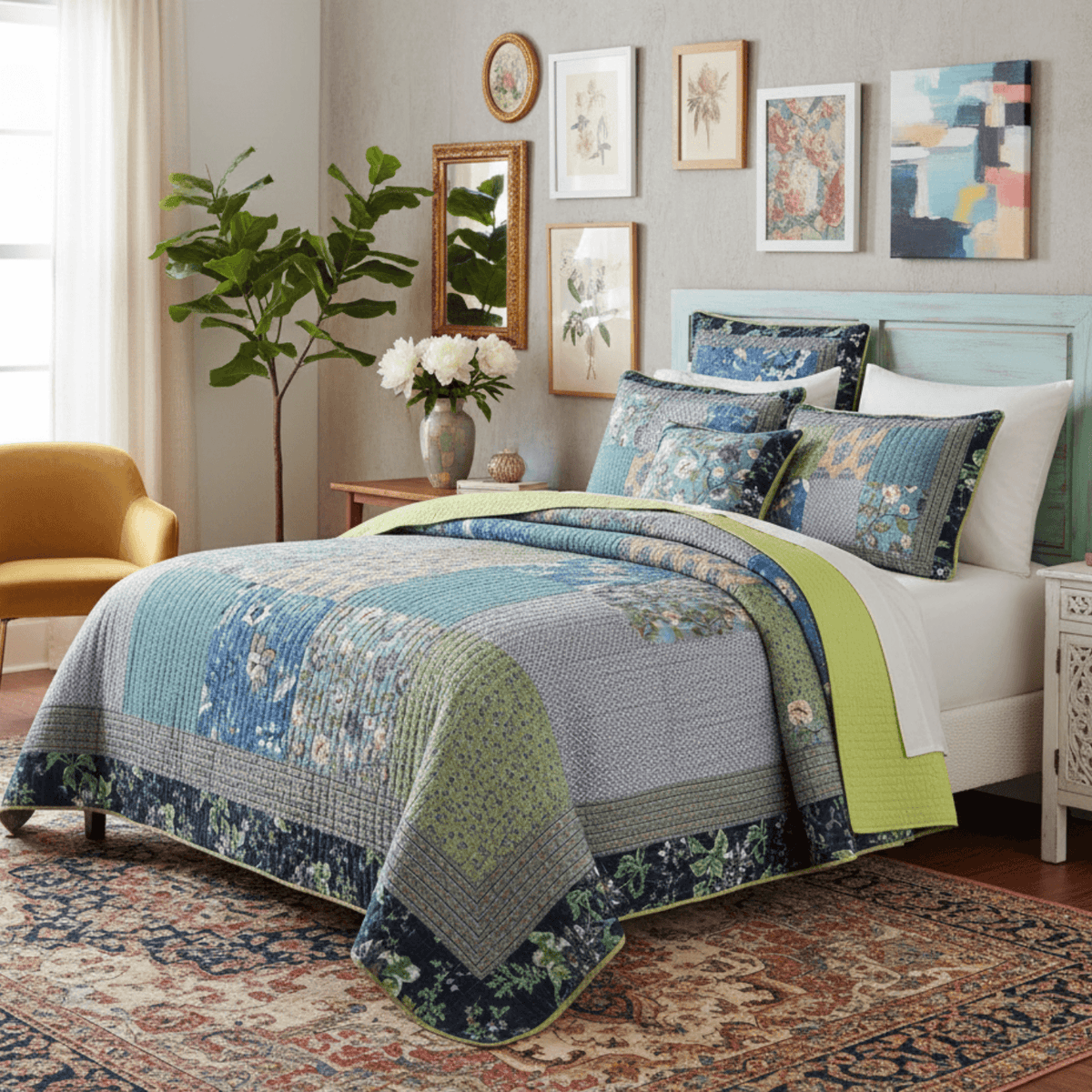 Tache Cotton Bohemian Tropical Calla Lily Quilted Patchwork Bedspread Set (JHW-687)