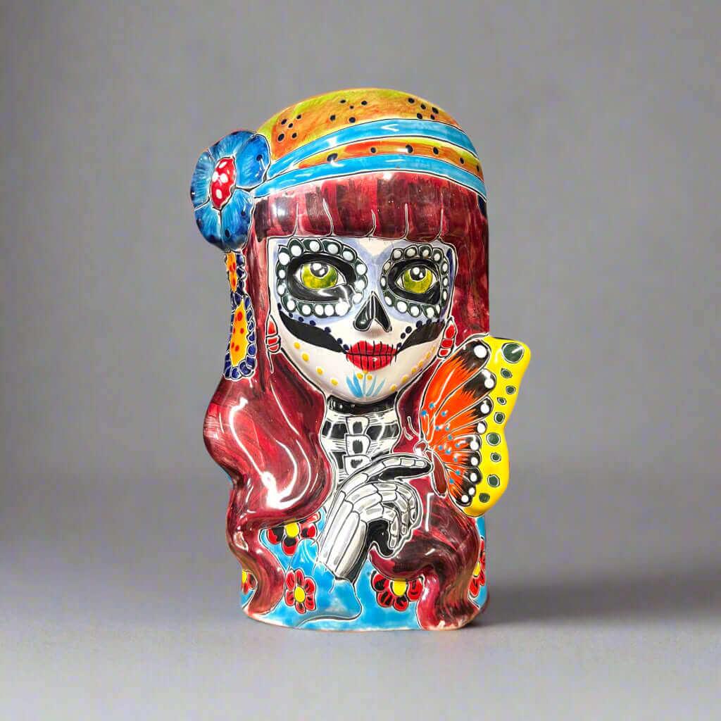 Talavera Butterfly Skull Planter | Handcrafted Day of the Dead Ceramic Pot
