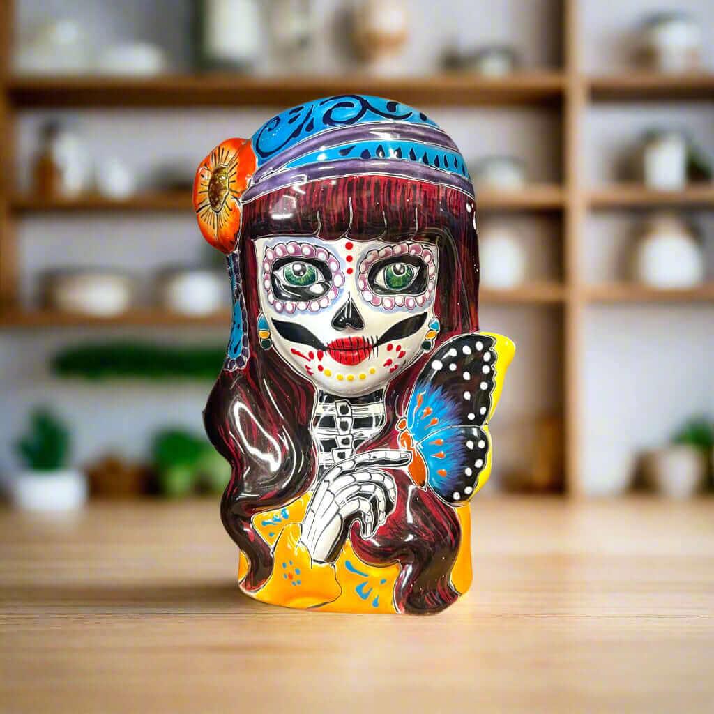 Talavera Butterfly Skull Planter | Handcrafted Day of the Dead Ceramic Pot