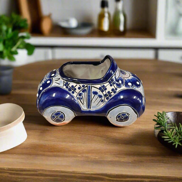 Talavera Car Planter | Small Blue & White Handmade Ceramic Pot