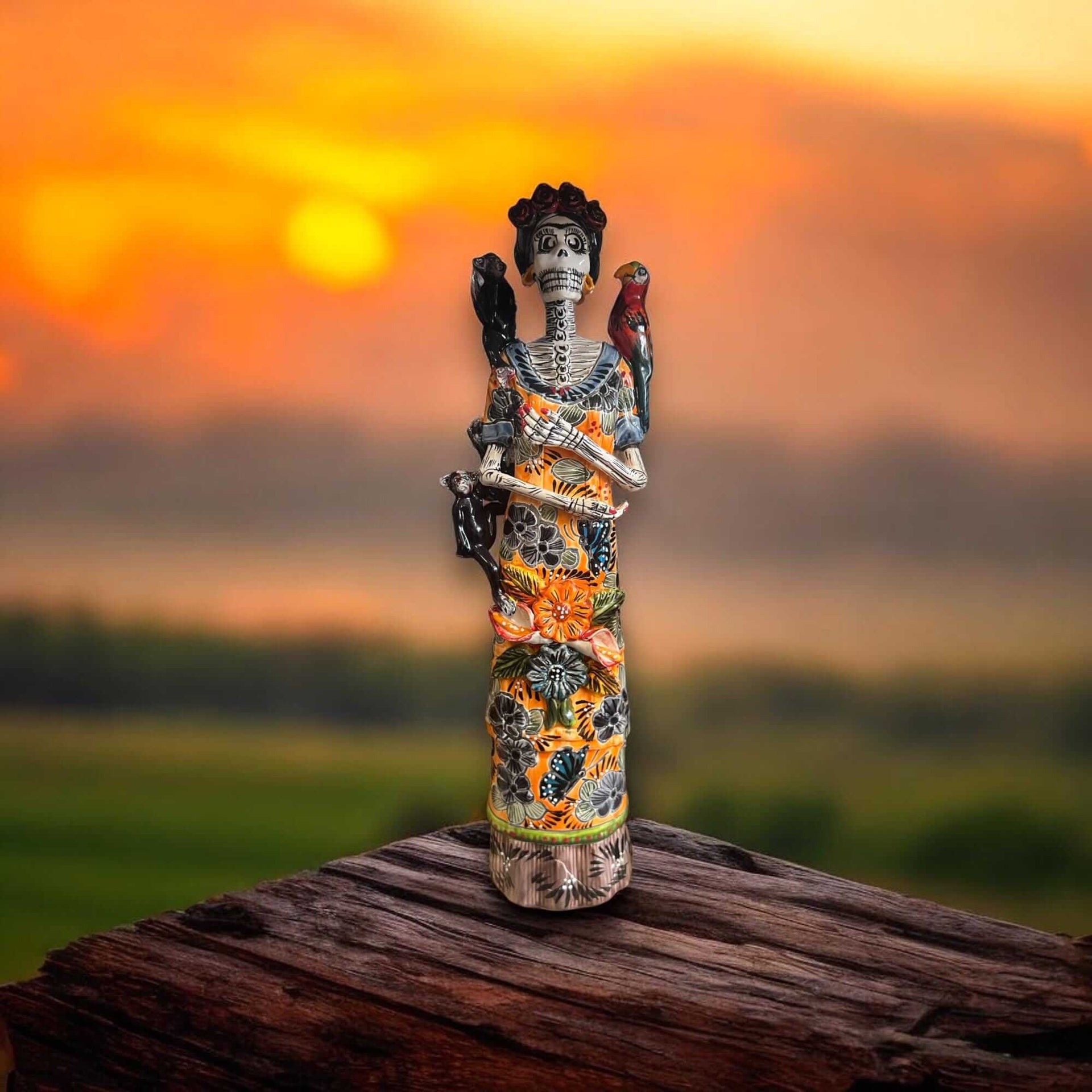 Talavera Catrina Figurine | Day of the Dead Skeleton with Monkey & Bird