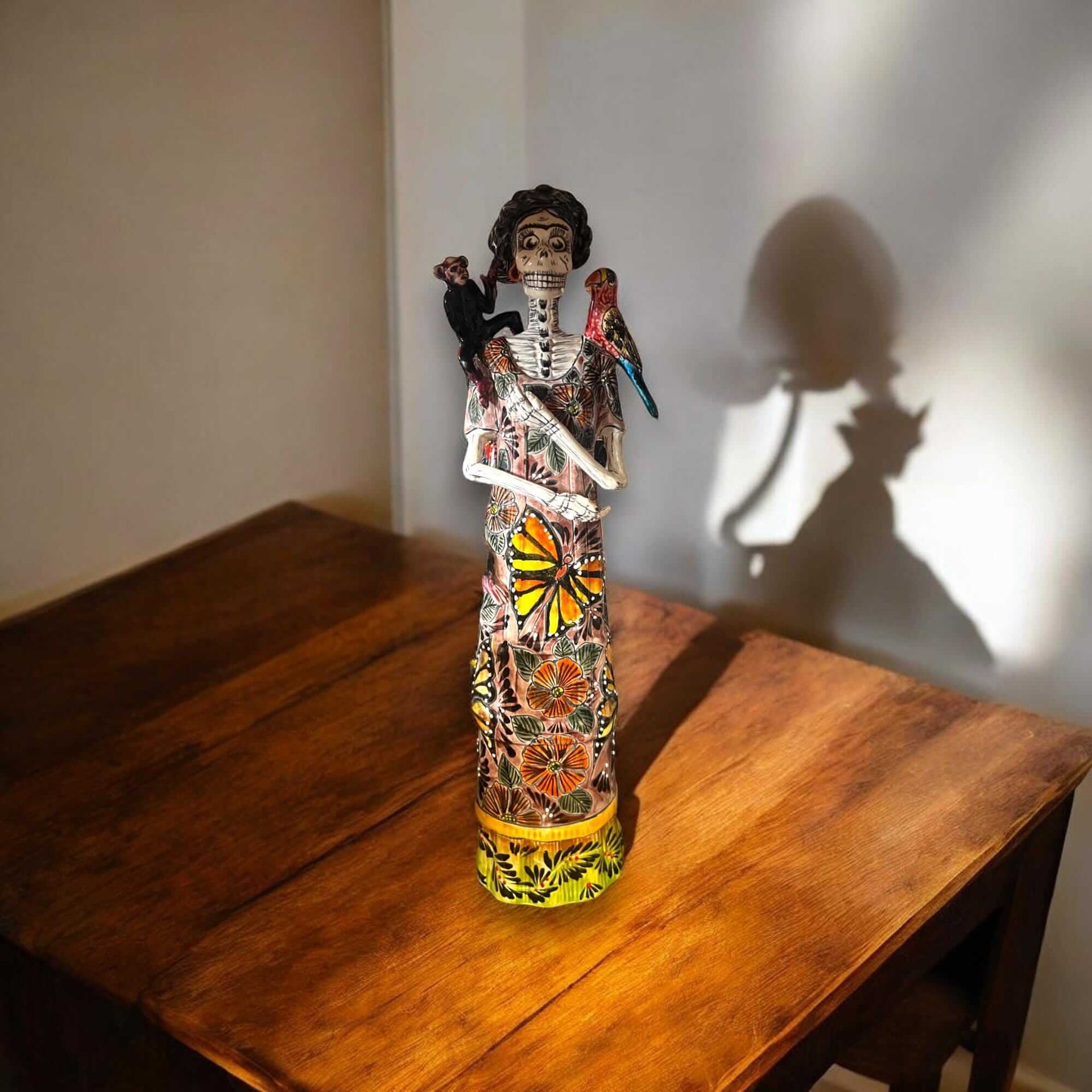 Talavera Catrina Figurine | Day of the Dead Skeleton with Monkey & Bird