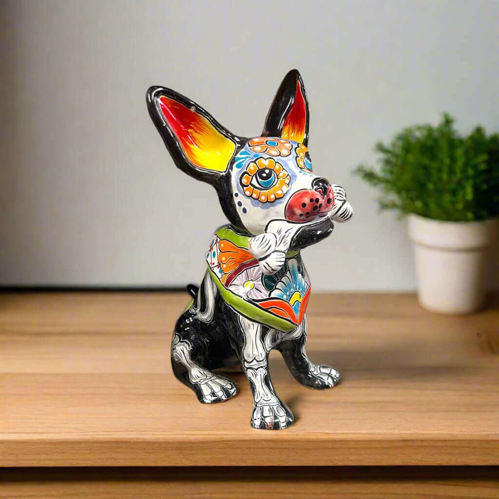 Talavera Chihuahua Holding Bone | Day of the Dead Dog Figurine