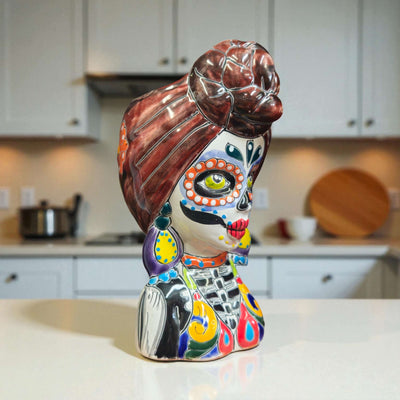 Talavera Skull Lady Planter | Colorful Day of the Dead Art