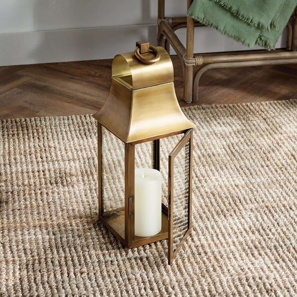 Tall Antique Brass Candle Lantern with Hanging Loop