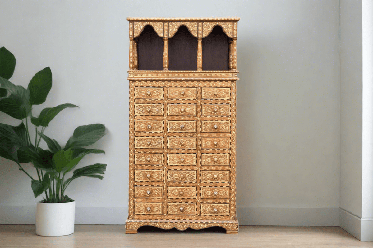 Tall Inlaid Apothecary Arch Dresser