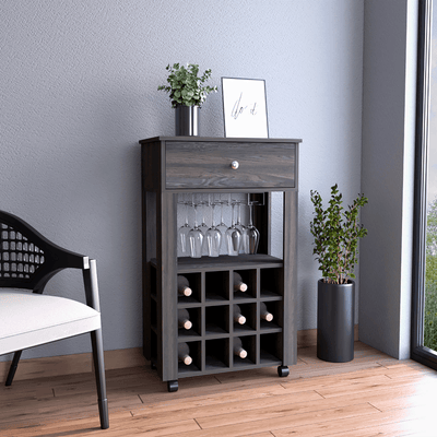 Bayamon Bar Cart – Contemporary Wine & Glass Storage with Drawer and Casters