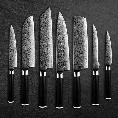 Noir Knife Set 7 Piece VG10 Stainless Damascus Steel with Black G10 Handle