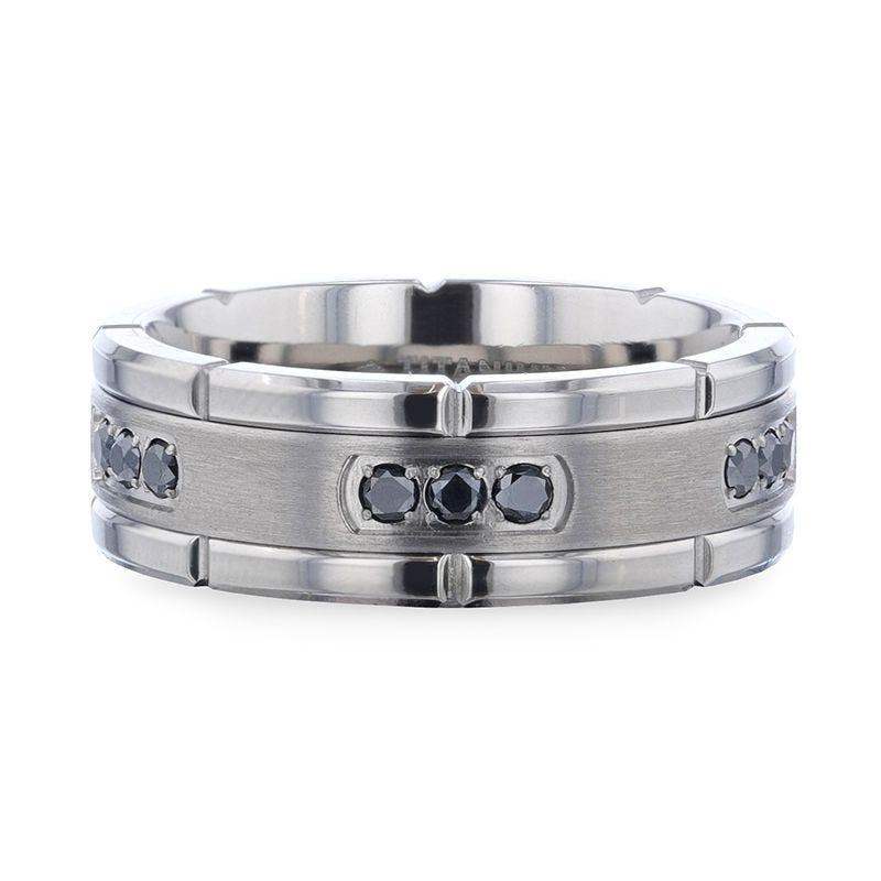 COURAGEOUS Brushed Center Titanium Men's Wedding Band With Double Grooved Polished Edges And Black Diamond Settings - 8mm