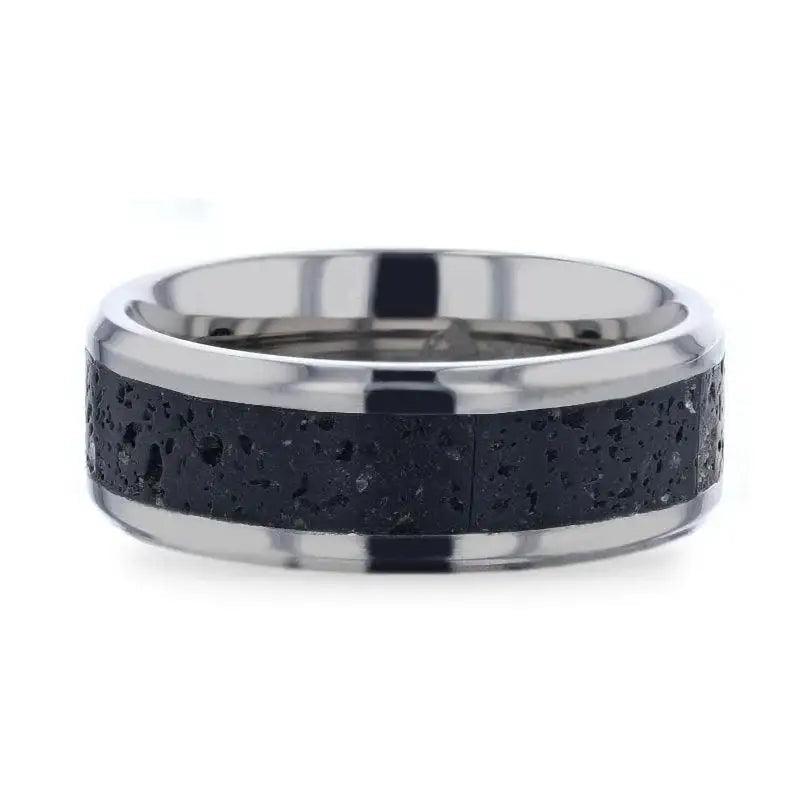 MAUNA Black And Gray Lava Inlaid Titanium Men's Wedding Band With Polished Beveled Edges - 8mm