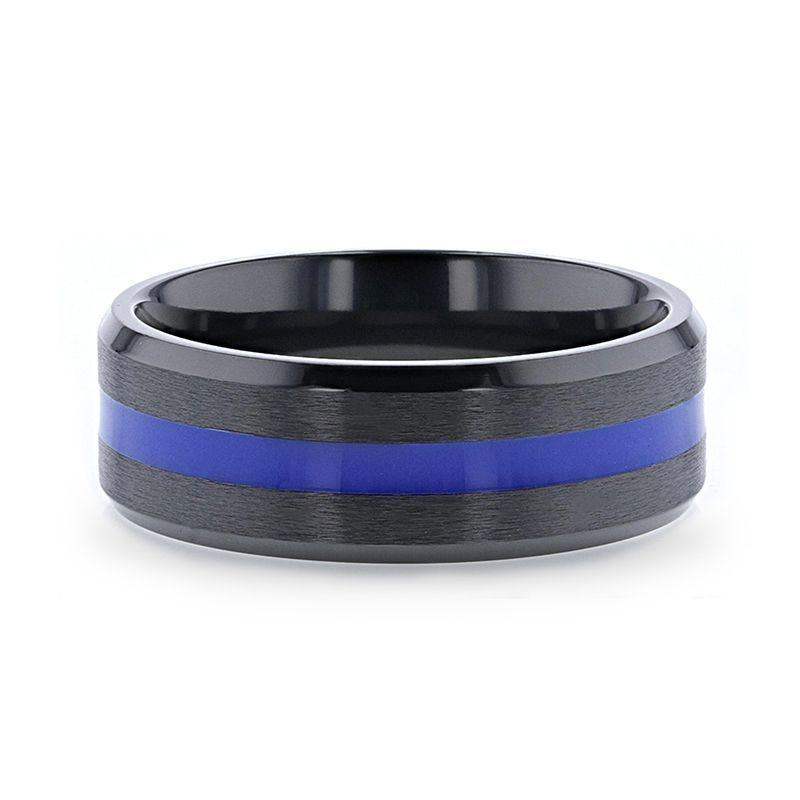 JACKSEN Black Titanium Men's Wedding Band Beveled Black Titanium With Blue Stripe Inlaid Brushed Finish Center And Polished Beveled Edges - 8mm