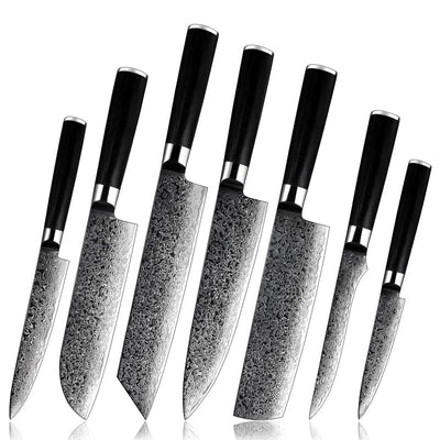 Noir Knife Set 7 Piece VG10 Stainless Damascus Steel with Black G10 Handle