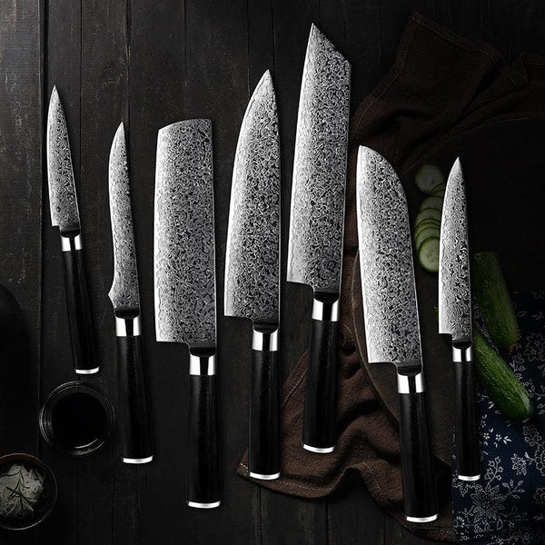 Noir Knife Set 7 Piece VG10 Stainless Damascus Steel with Black G10 Handle